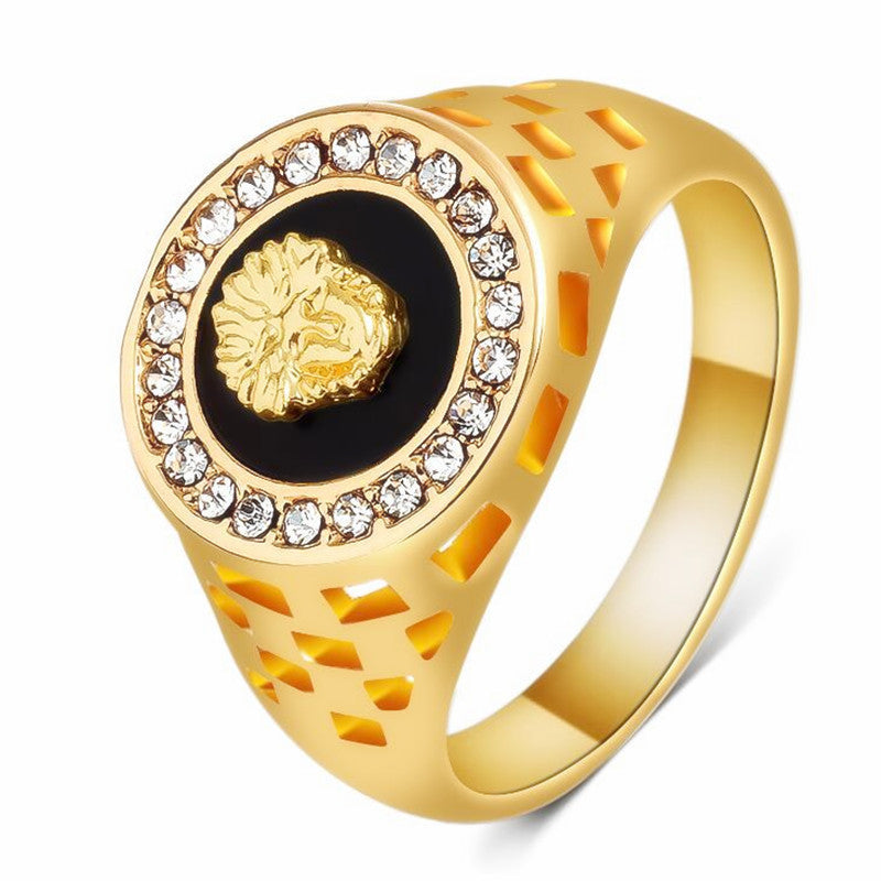 Fashion Man Diamond Cut Oil Dripping Round Lion Head Ring